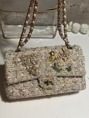 Chanel 2.55 limited edition Garden Party Double Flap Medium Tweed Bag Cream